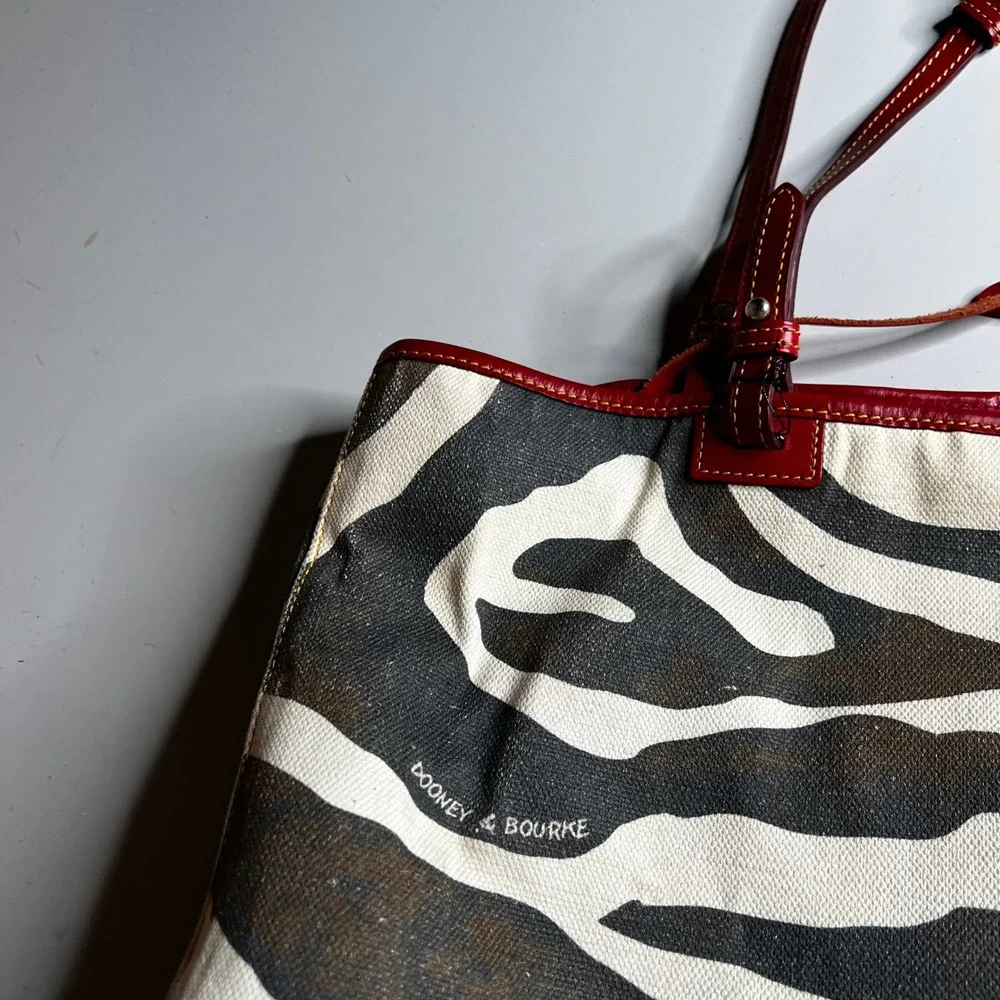 Dooney & Bourke Zebra Print Canvas Tote Bag Red Leather Trim Brown Suede Base